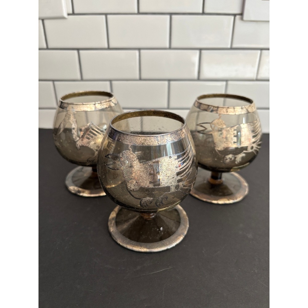 Vickys Peru Sterling Silver 925 Overlay Smoke Glass Brandy Snifters Set of 3